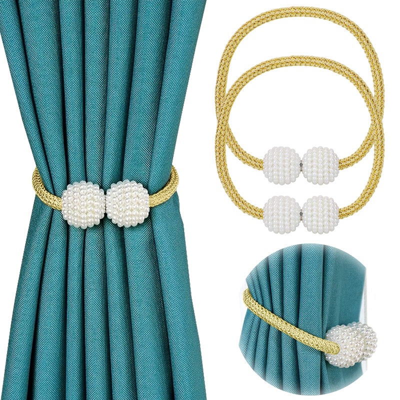 PINOWU [2 Pack] Magnetic Curtain Tiebacks for Window DÃ©cor - Pinowu Weave Rope Clips Drapery Pearl Holdbacks for Home Kitchen Office Window Sheer Blackout (Gold)â€¦ - Image 1
